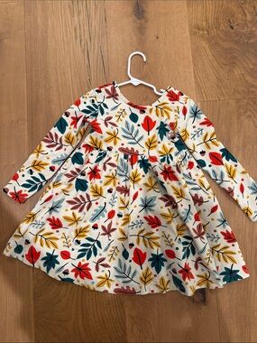 Hanna Andersson Cream Long-Sleeve Dress with Red, Mustard & Teal Leaf Print
